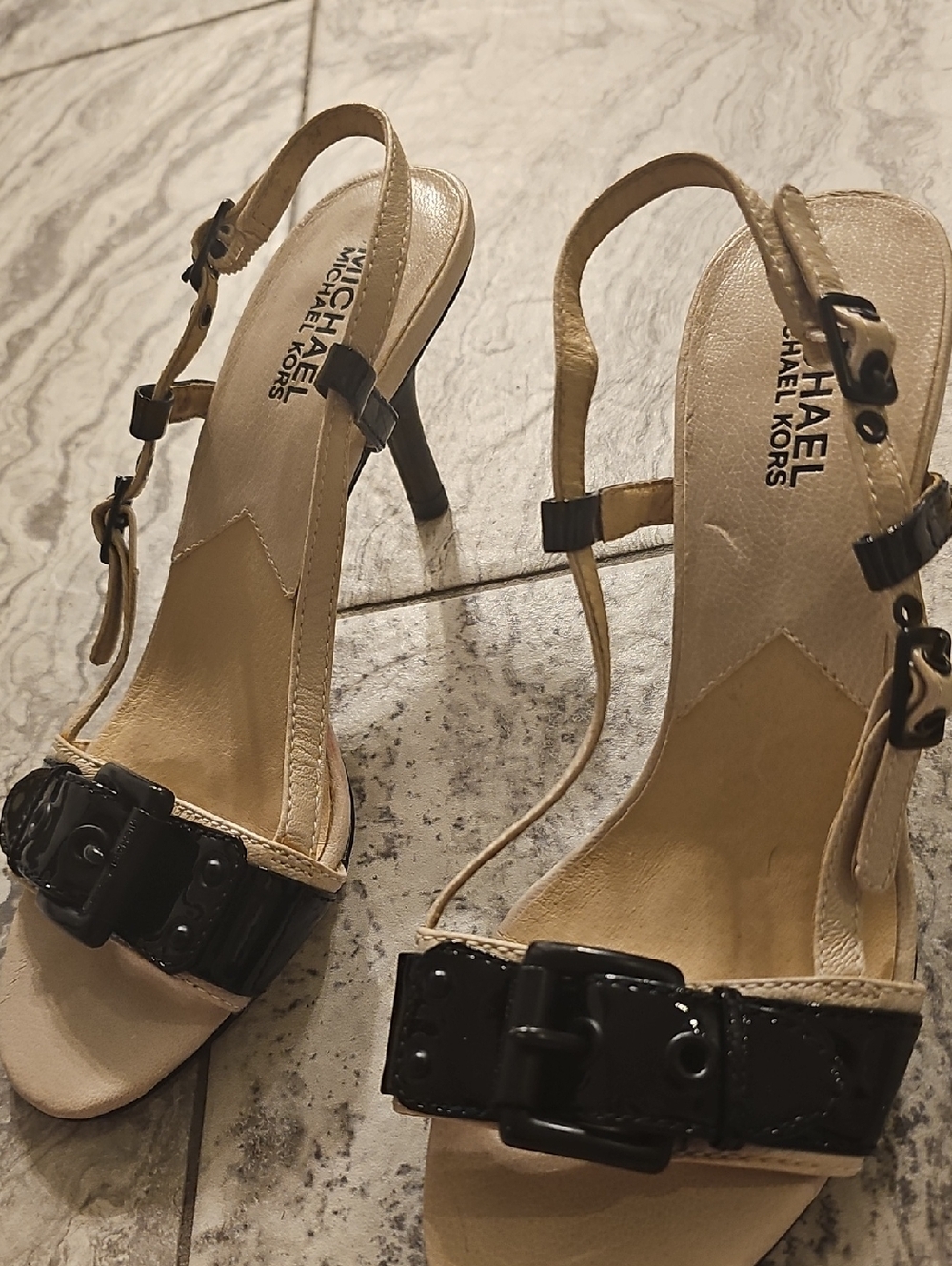*NWOT* Michael Kors Beige and Black Slingback Heels with Buckle Detail